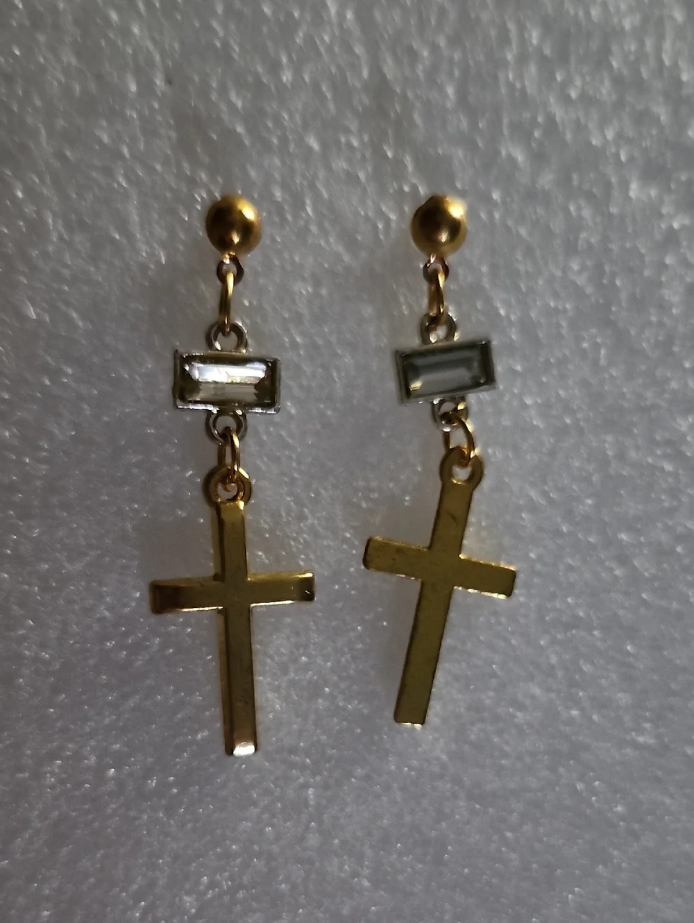 Hand Crafted Gold Cross Drop Earrings with Clear Stone